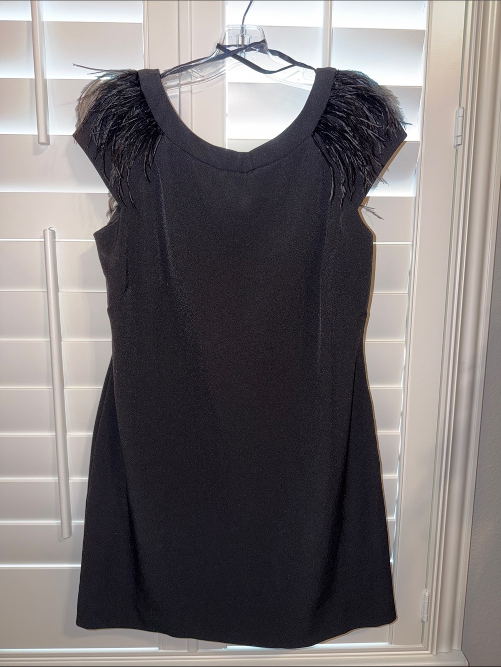 Black cocktail dress with feathers